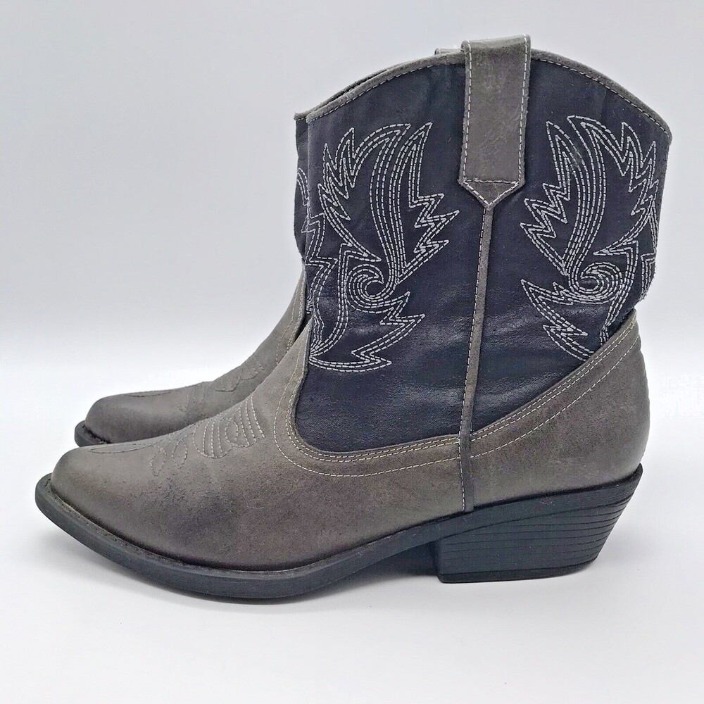London Rebel Black Gray Embroidered Faux Leather Western Ankle Boots Women's 6M - Picture 2 of 10